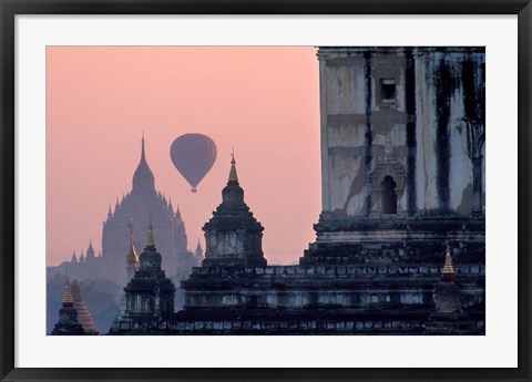 Framed Hot Air balloon over the temple complex of Pagan at dawn, Burma Print