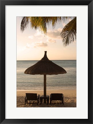 Framed Mauritius, Beach scene, umbrella, chairs, palm fronds Print