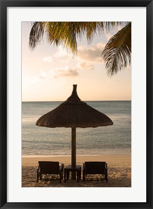 Framed Mauritius, Beach scene, umbrella, chairs, palm fronds Print