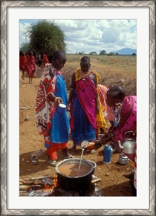 Framed Maasai Women Cooking for Wedding Feast, Amboseli, Kenya Print