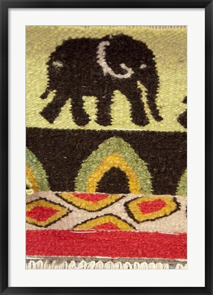 Framed Namibia, Swakopmund. Karakulia, elephant design on wool textiles Print