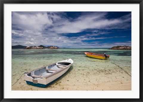 Framed Seychelles, La Digue Island, Fishing boats Print