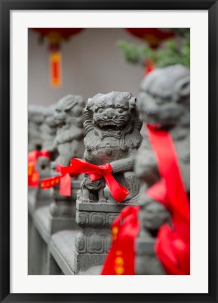 Framed Stone lions with red ribbon, Jade Buddah Temple, Shanghai, China Print