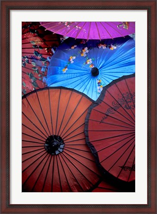 Framed Souvenir parasols for sale at a market, Rangoon, Burma Print