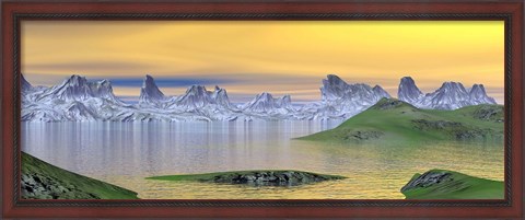 Framed Beautiful sunset over landscape with green grass and rocky mountains Print