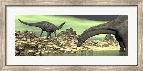 Framed Two Dicraeosaurus dinosaurs in a desert landscape Print