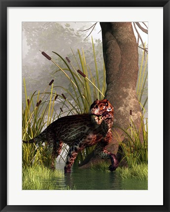 Framed Lycaenops stalking through a shallow prehistoric wetland Print