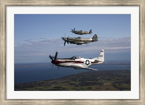Framed P-51 Cavalier Mustang with Supermarine Spitfire fighter warbirds Print