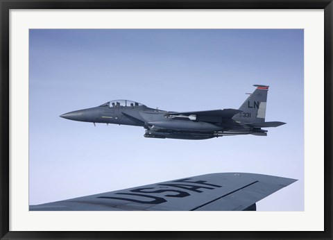 Framed US Air Force F-15E Strike Eagle over the wing of a KC-135 Stratotanker Print