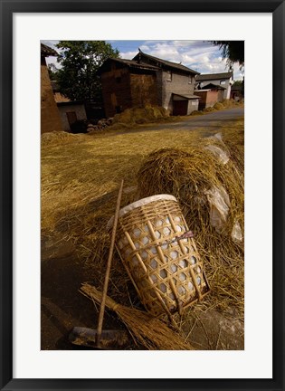 Framed Bai Minority Laying Wheat on the Road, Jianchuan County, Yunnan Province, China Print