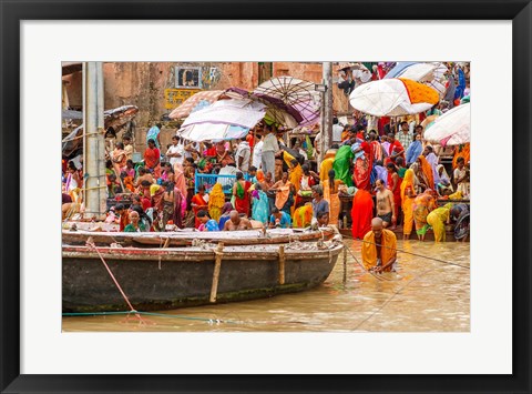 Framed Worshipping Pilgrims on Ganges River, Varanasi, India Print