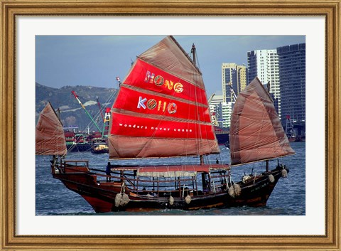 Framed Duk Ling Junk Boat Sails in Victoria Harbor, Hong Kong, China Print