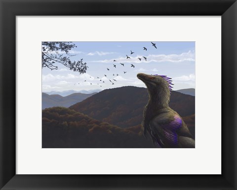 Framed Velociraptor in an autumn landscape Print