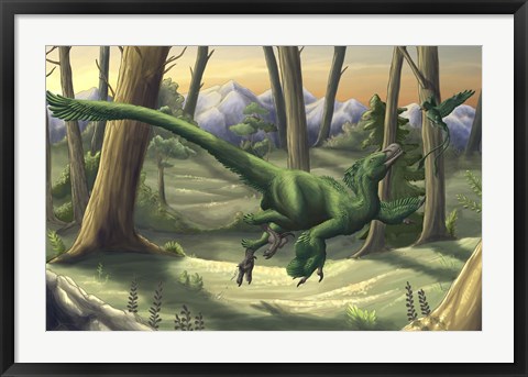 Framed bright green Velociraptor runs through a prehistoric forest Print