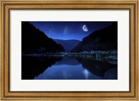 Framed Moon rising over tranquil lake and forest against starry sky, Bulgaria Print