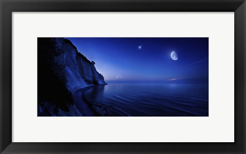 Framed Moon rising over tranquil sea and Mons Klint cliffs, Denmark Print