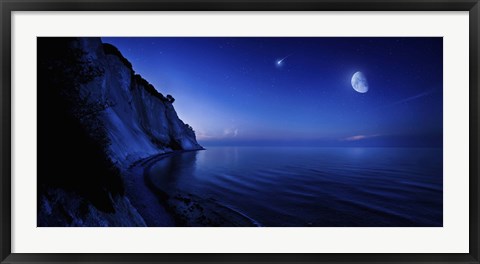 Framed Moon rising over tranquil sea and Mons Klint cliffs, Denmark Print