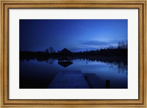 Framed small pier in a lake against starry sky, Moscow region, Russia Print