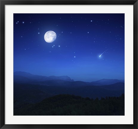 Framed Mountain range on a misty night with moon, starry sky and falling meteorite Print