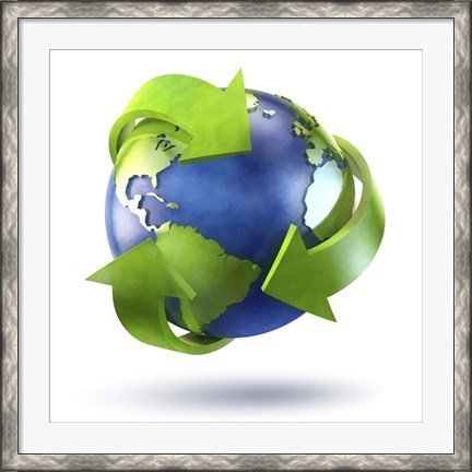Framed 3D Rendering of planet Earth surrounded by the recycle symbol Print