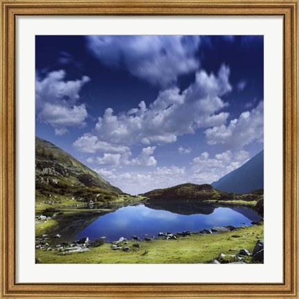 Framed Blue lake in the Pirin Mountains over tranquil clouds, Pirin National Park, Bulgaria Print