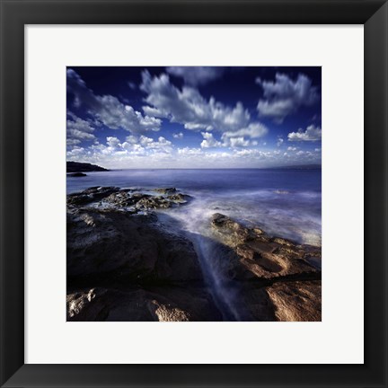 Framed Rocky shore and tranquil sea, Portoscuso, Sardinia, Italy Print
