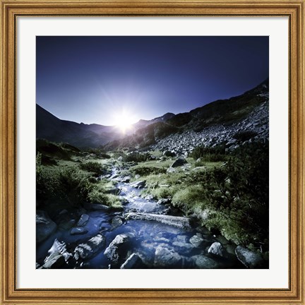Framed Small stream in the mountains at sunset, Pirin National Park, Bulgaria Print