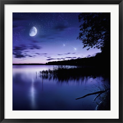 Framed Tranquil lake against starry sky, moon and falling meteorites, Russia Print