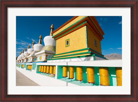 Framed Chortens and prayer flags at Dali Lama&#39;s Ladakh home, Ladakh, India Print