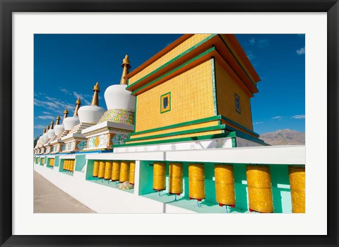 Framed Chortens and prayer flags at Dali Lama&#39;s Ladakh home, Ladakh, India Print