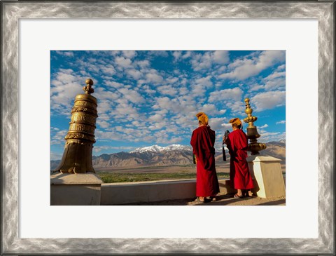 Framed Monks playing horns at sunrise, Thiksey Monastery, Leh, Ledakh, India Print