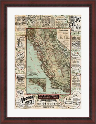 Framed Map of California Roads for Cyclers, 1896 Print