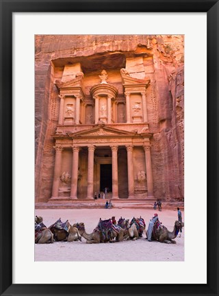 Framed Camels at the Facade of Treasury (Al Khazneh), Petra, Jordan Print