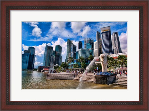 Framed Merlion, symbol of Singapore, and downtown skyline in Fullerton area of Clarke Quay. Print