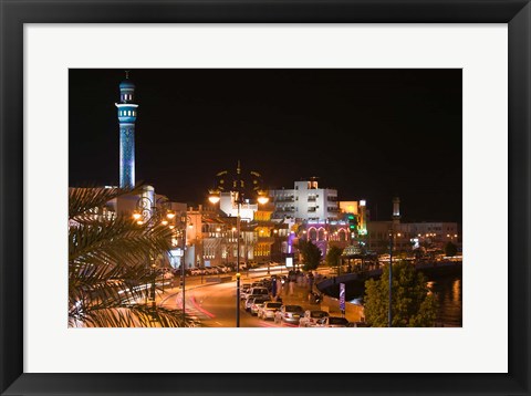 Framed Oman, Muscat, Mutrah. Mutrah Corniche Buildings / Evening Print