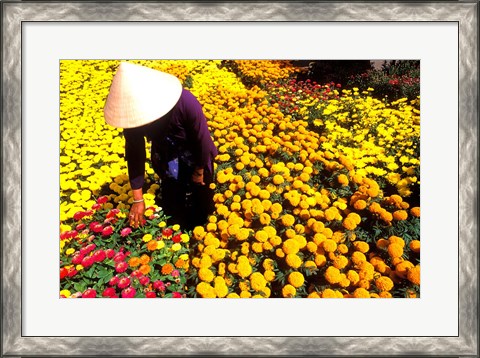 Framed Beautiful Graphic with Woman in Straw Hat and Colorful Flowers Vietnam Mekong Delta Print