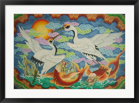 Framed Taiwan, Peimen, Nankunshen Temple, Ceiling mural of cranes and catfish Print