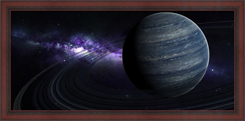 Framed Artist&#39;s concept of a blue ringed gas giant in front of a galaxy Print