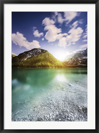 Framed Sunset at Lake Braies and Dolomite Alps, Northern Italy Print