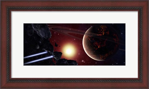 Framed stealth fighter en route to Hades, a ringed planet Print