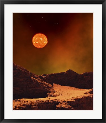 Framed Rugged Planet Landscape Dimly Lit by a Distant Red Star Print