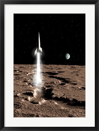 Framed 1950&#39;s view of a Stream-lined Finned Spaceship Beginning its Landing Phase Print