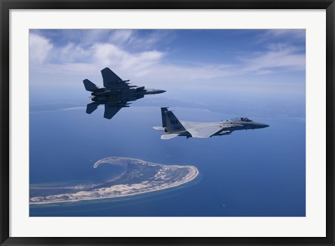 Framed Two F-15 Eagles Fly High over Cape Cod, Massachusetts Print
