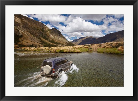 Framed 4WD crossing Mararoa River, Mavora Lakes, Southland, South Island, New Zealand Print