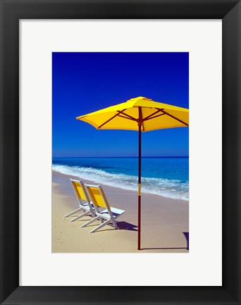 Framed Yellow Chairs and Umbrella on Pristine Beach, Caribbean Print