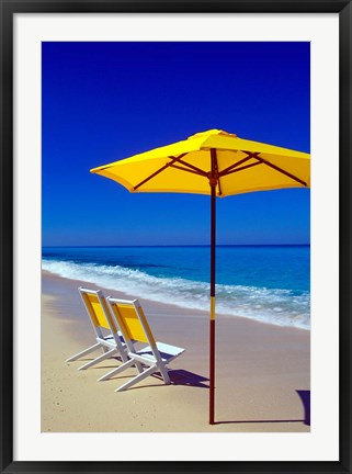 Framed Yellow Chairs and Umbrella on Pristine Beach, Caribbean Print