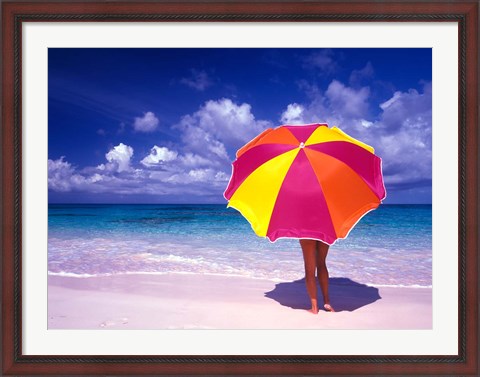 Framed Female Holding a Colorful Beach Umbrella on Harbour Island, Bahamas Print