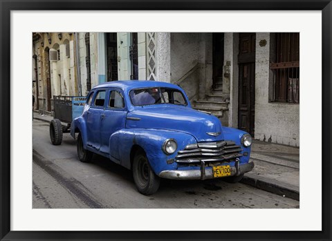 Framed 1950&#39;s era blue car, Havana Cuba Print