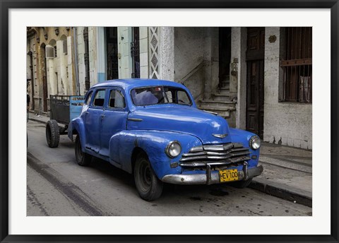 Framed 1950&#39;s era blue car, Havana Cuba Print