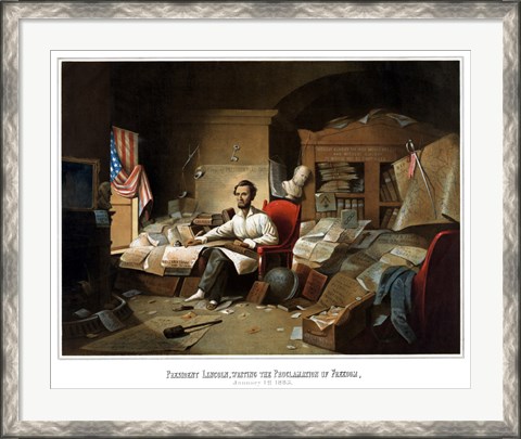 Framed President Lincoln Writing the Emancipation Proclamation Print